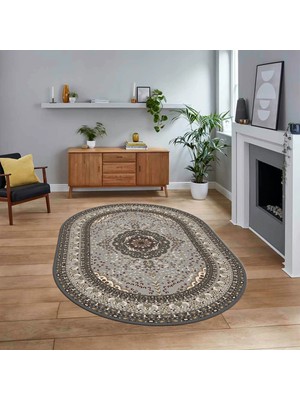 Viyana Home Dijital Kaymaz Taban Yıkanabilir Oval Klasik Desen Yolluk Salon Halısı, V-O-Klasik-26-Gri,