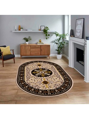 Viyana Home Dijital Kaymaz Taban Yıkanabilir Oval Klasik Desen Yolluk Salon Halısı, V-O-Klasik-27-Kahve,