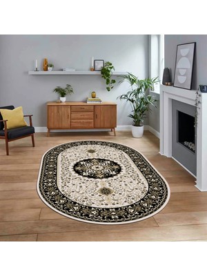 Viyana Home Dijital Kaymaz Taban Yıkanabilir Oval Klasik Desen Yolluk Salon Halısı, V-O-Klasik-27-Siyah,