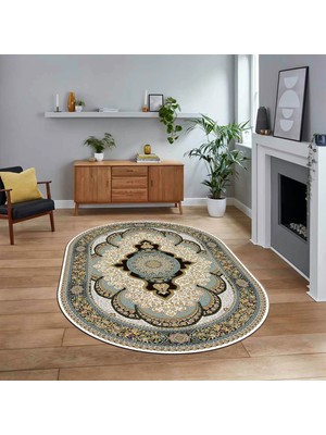 Viyana Home Dijital Kaymaz Taban Yıkanabilir Oval Klasik Desen Yolluk Salon Halısı, V-O-Klasik-02-Yeşil,