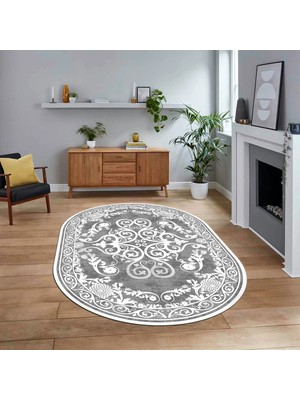 Viyana Home Dijital Kaymaz Taban Yıkanabilir Oval Klasik Desen Yolluk Salon Halısı, V-O-Klasik-09-Gri,
