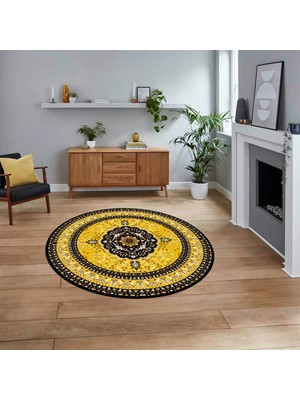 Viyana Home Dijital Kaymaz Taban Yıkanabilir Yuvarlak Klasik Desen Mutfak Salon Halısı, V-Y-Klasik-26-Sarı,