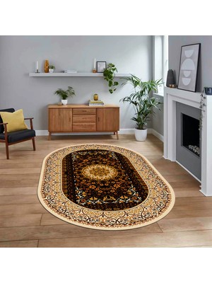 Viyana Home Dijital Kaymaz Taban Yıkanabilir Oval Klasik Desen Yolluk Salon Halısı, V-O-Klasik-14-Kahve,