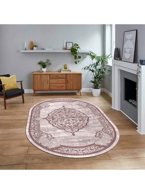 Viyana Home Dijital Kaymaz Taban Yıkanabilir Oval Klasik Desen Yolluk Salon Halısı, V-O-Klasik-15-Pembe,