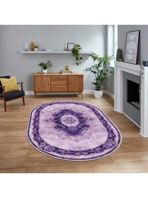 Viyana Home Dijital Kaymaz Taban Yıkanabilir Oval Klasik Desen Yolluk Salon Halısı, V-O-Klasik-29-Mor,