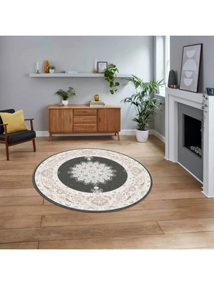 Viyana Home Dijital Kaymaz Taban Yıkanabilir Yuvarlak Klasik Desen Mutfak Salon Halısı, V-Y-Klasik-03-Vizon,