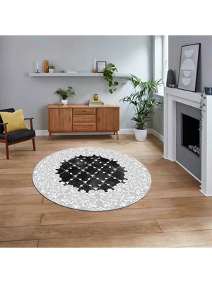 Viyana Home Dijital Kaymaz Taban Yıkanabilir Yuvarlak Klasik Desen Mutfak Salon Halısı, V-Y-Klasik-04-Beyaz,