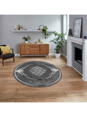 Viyana Home Dijital Kaymaz Taban Yıkanabilir Yuvarlak Klasik Desen Mutfak Salon Halısı, V-Y-Klasik-05-Antrasit,