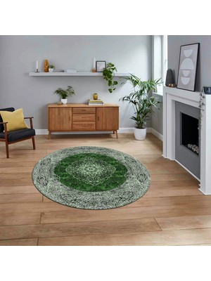 Viyana Home Dijital Kaymaz Taban Yıkanabilir Yuvarlak Klasik Desen Mutfak Salon Halısı, V-Y-Klasik-07-Yeşil,