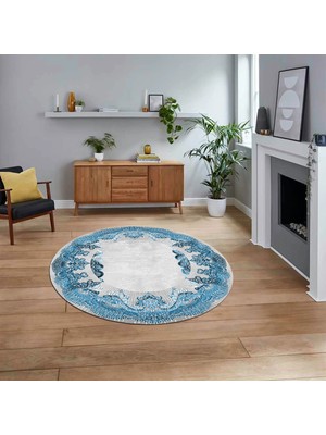 Viyana Home Dijital Kaymaz Taban Yıkanabilir Yuvarlak Klasik Desen Mutfak Salon Halısı, V-Y-Klasik-08-Mavi,