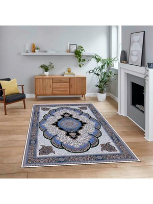 Viyana Home Dijital Baskılı Kaymaz Taban Yıkanabilir Klasik Desen Yolluk Salon Halısı, V-Klasik-02-Mavi,