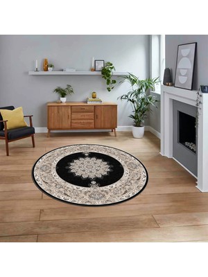 Viyana Home Dijital Kaymaz Taban Yıkanabilir Yuvarlak Klasik Desen Mutfak Salon Halısı, V-Y-Klasik-03-Antrasit,