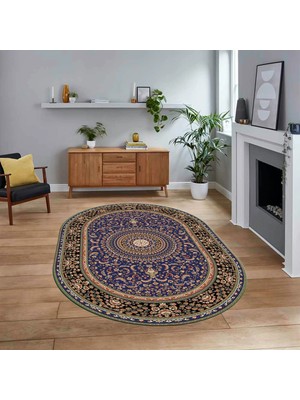 Viyana Home Dijital Kaymaz Taban Yıkanabilir Oval Klasik Desen Yolluk Salon Halısı, V-O-Klasik-21-Lacivert,