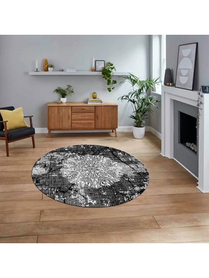 Viyana Home Dijital Kaymaz Taban Yıkanabilir Yuvarlak Klasik Desen Mutfak Salon Halısı, V-Y-Klasik-19-Antrasit,