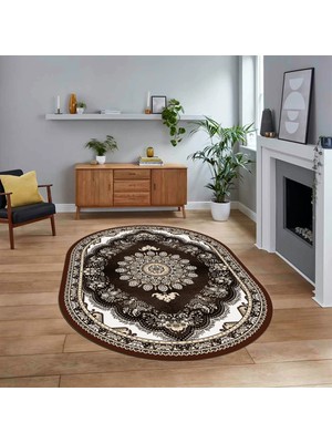 Viyana Home Dijital Kaymaz Taban Yıkanabilir Oval Klasik Desen Yolluk Salon Halısı, V-O-Klasik-13-Kahve,