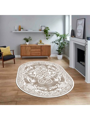 Viyana Home Dijital Kaymaz Taban Yıkanabilir Oval Klasik Desen Yolluk Salon Halısı, V-O-Klasik-09-Kahve,