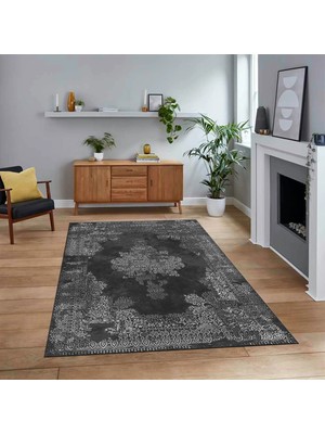 Viyana Home Dijital Baskılı Kaymaz Taban Yıkanabilir Klasik Desen Yolluk Salon Halısı, V-Klasik-22-Antrasit,