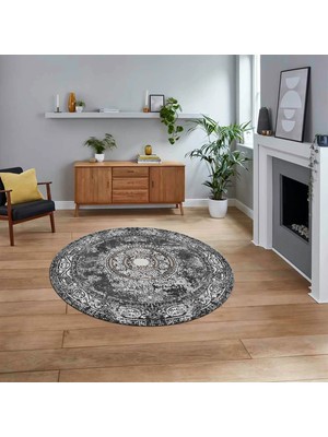 Viyana Home Dijital Kaymaz Taban Yıkanabilir Yuvarlak Klasik Desen Mutfak Salon Halısı, V-Y-Klasik-25-Gri,