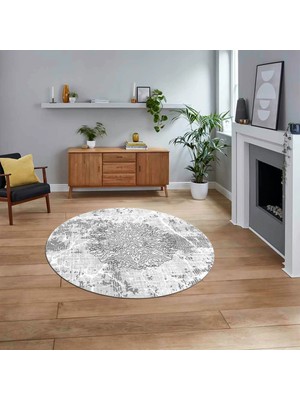 Viyana Home Dijital Kaymaz Taban Yıkanabilir Yuvarlak Klasik Desen Mutfak Salon Halısı, V-Y-Klasik-19-Gri,