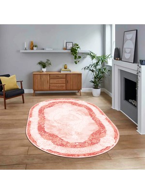 Viyana Home Dijital Kaymaz Taban Yıkanabilir Oval Klasik Desen Yolluk Salon Halısı, V-O-Klasik-01-Kırmızı,
