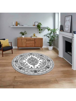 Viyana Home Dijital Kaymaz Taban Yıkanabilir Yuvarlak Klasik Desen Mutfak Salon Halısı, V-Y-Klasik-23-Gri,