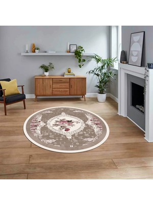 Viyana Home Dijital Kaymaz Taban Yıkanabilir Yuvarlak Klasik Desen Mutfak Salon Halısı, V-Y-Klasik-16-Kahve,