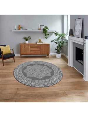 Viyana Home Dijital Kaymaz Taban Yıkanabilir Yuvarlak Klasik Desen Mutfak Salon Halısı, V-Y-Klasik-30-Gri,