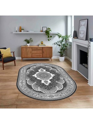 Viyana Home Dijital Kaymaz Taban Yıkanabilir Oval Klasik Desen Yolluk Salon Halısı, V-O-Klasik-02-Antrasit,