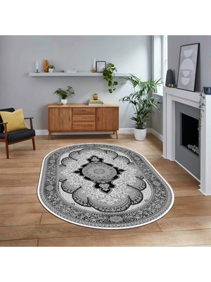 Viyana Home Dijital Kaymaz Taban Yıkanabilir Oval Klasik Desen Yolluk Salon Halısı, V-O-Klasik-02-Gri,