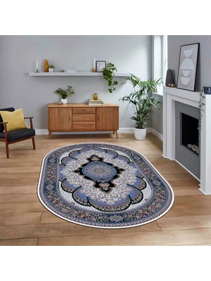 Viyana Home Dijital Kaymaz Taban Yıkanabilir Oval Klasik Desen Yolluk Salon Halısı, V-O-Klasik-02-Mavi,