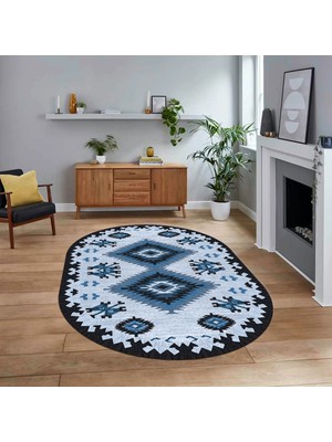 Viyana Home Dijital Baskılı Kaymaz Taban Yıkanabilir Oval Etnik Desen Yolluk Salon Halısı, V-O-Etnik-02-Mavi,