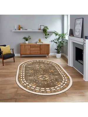 Viyana Home Dijital Baskılı Kaymaz Taban Yıkanabilir Oval Etnik Desen Yolluk Salon Halısı, V-O-Etnik-03-Kahve,