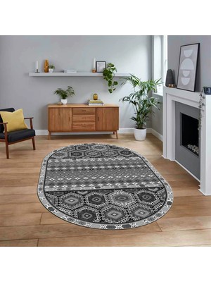Viyana Home Dijital Baskılı Kaymaz Taban Yıkanabilir Oval Etnik Desen Yolluk Salon Halısı, V-O-Etnik-13-Gri,