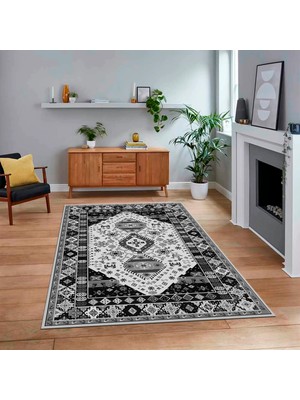 Viyana Home Dijital Baskılı Kaymaz Taban Yıkanabilir Etnik Desen Yolluk Salon Halısı, V-Etnik-07-Gri,