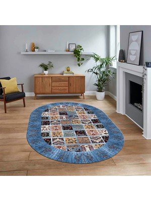 Viyana Home Dijital Baskılı Kaymaz Taban Yıkanabilir Oval Etnik Desen Yolluk Salon Halısı, V-O-Etnik-18-Mavi,