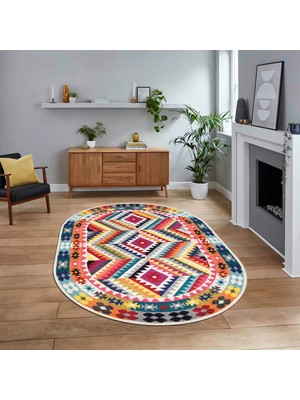 Viyana Home Dijital Baskılı Kaymaz Taban Yıkanabilir Oval Etnik Desen Yolluk Salon Halısı, V-O-Etnik-09-Renkli,