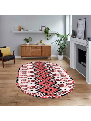Viyana Home Dijital Baskılı Kaymaz Taban Yıkanabilir Oval Etnik Desen Yolluk Salon Halısı, V-O-Etnik-06-Kırmızı,