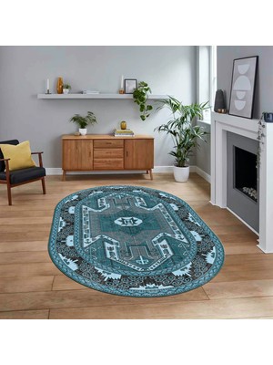 Viyana Home Dijital Baskılı Kaymaz Taban Yıkanabilir Oval Etnik Desen Yolluk Salon Halısı, V-O-Etnik-10-Mavi,