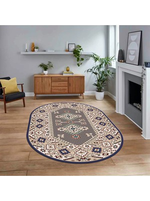 Viyana Home Dijital Baskılı Kaymaz Taban Yıkanabilir Oval Etnik Desen Yolluk Salon Halısı, V-O-Etnik-08-Lacivert,