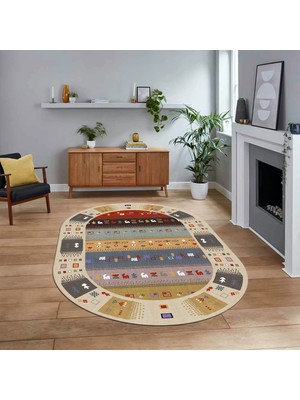 Viyana Home Dijital Baskılı Kaymaz Taban Yıkanabilir Oval Etnik Desen Yolluk Salon Halısı, V-O-Etnik-15-Renkli,