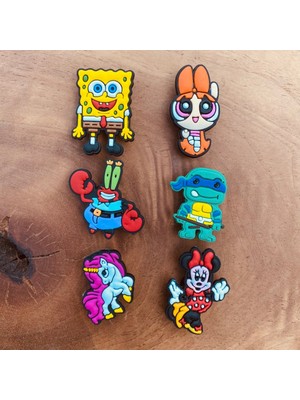 Birikiyedi Crocs Jibbitz Terlik Süsü Sünger Bob,power Puff Girls,ninja Kaplumbağa,bay Yengeç 6 'lı Set