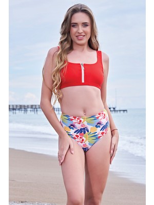 Ruko Maio Rukomayo Kırmızı Desenli Mix Mach Fermuarlı Yüksek Bel Freeset Bikini