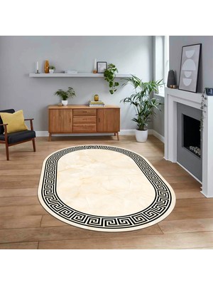 Viyana Home Dijital Kaymaz Taban Yıkanabilir Oval Çerçeveli Mutfak Salon Halısı, V-O-Çerçeveli-17-Krem,