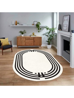 Viyana Home Dijital Kaymaz Taban Yıkanabilir Oval Çerçeveli Mutfak Salon Halısı, V-O-Çerçeveli-44-Krem-,