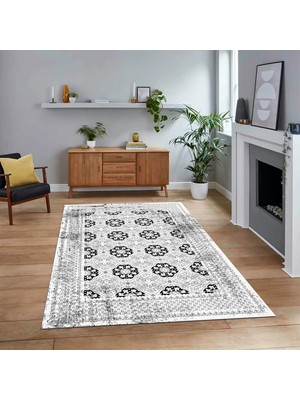 Viyana Home Dijital Baskılı Kaymaz Taban Yıkanabilir Çerçeveli Mutfak Salon Halısı, V-Çerçeveli-26-Beyaz,