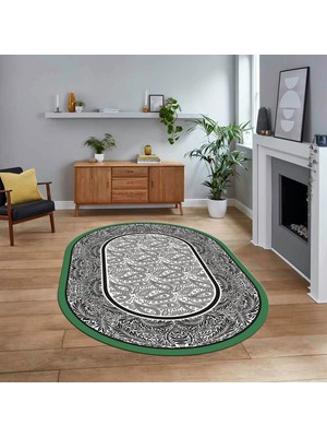 Viyana Home Dijital Kaymaz Taban Yıkanabilir Oval Çerçeveli Mutfak Salon Halısı, V-O-Çerçeveli-37-Beyaz,