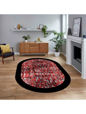Viyana Home Dijital Kaymaz Taban Yıkanabilir Oval Çerçeveli Mutfak Salon Halısı, V-O-Çerçeveli-16-Kırmızı,