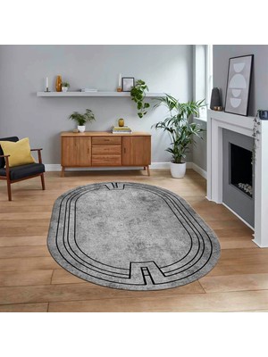 Viyana Home Dijital Kaymaz Taban Yıkanabilir Oval Çerçeveli Mutfak Salon Halısı, V-O-Çerçeveli-43-Gri,