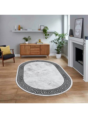 Viyana Home Dijital Kaymaz Taban Yıkanabilir Oval Çerçeveli Mutfak Salon Halısı, V-O-Çerçeveli-17-Gri,