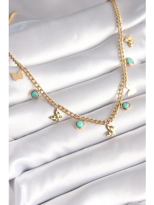 Clariss 316L Çelik Gold Renk Mavi Taşlı Kelebek Figür Kadın Kolye